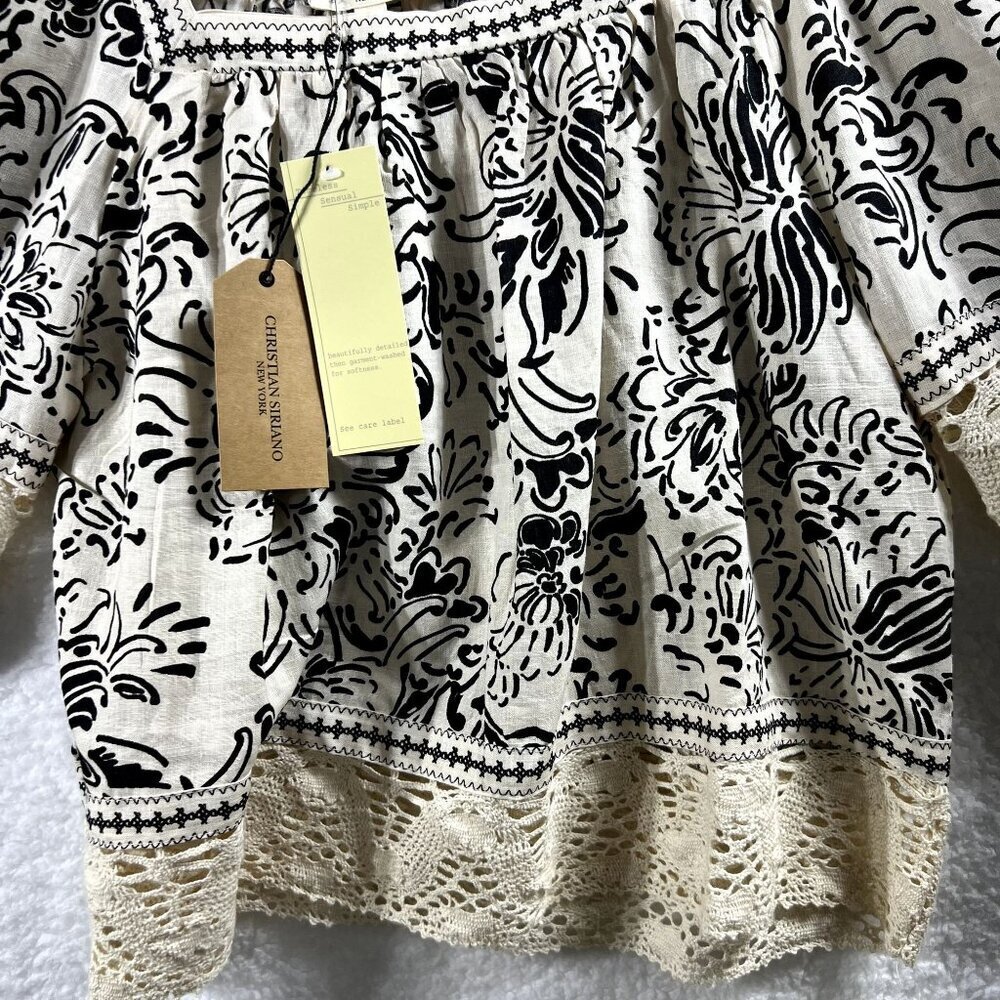 NWT Christian Siriano Linen Blend Boho Cream Black Peasant Crochet Crop Top S - Picture 5 of 11